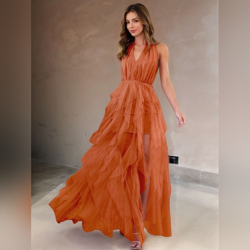 Chic Halter Maxi Dress in Vibrant Pumpkin Orange With Side Slit - Picture 1 of 8